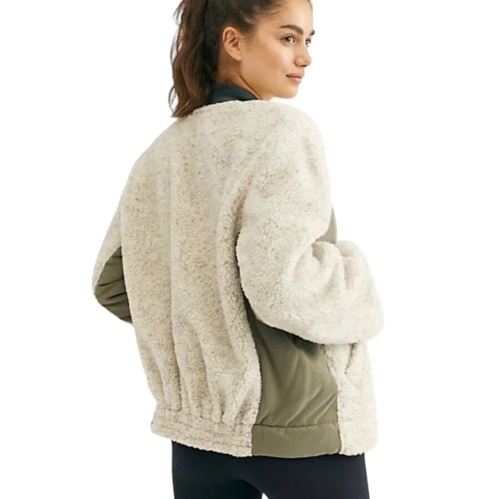 Free People Rivington Sherpa Olive Oversized Relaxed Zipper Jacket Womens Large - Picture 4 of 11